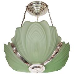 Elegant Art Deco Frosted Celadon Glass and Nickel  Leaf Chandelier