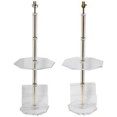 Pair of Mid Century Lucite and Brass Floor Lamps, Magazine Stands  and Tables