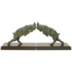 Pair of Leaping Ibex Bookends in Verdigrised Bronze
