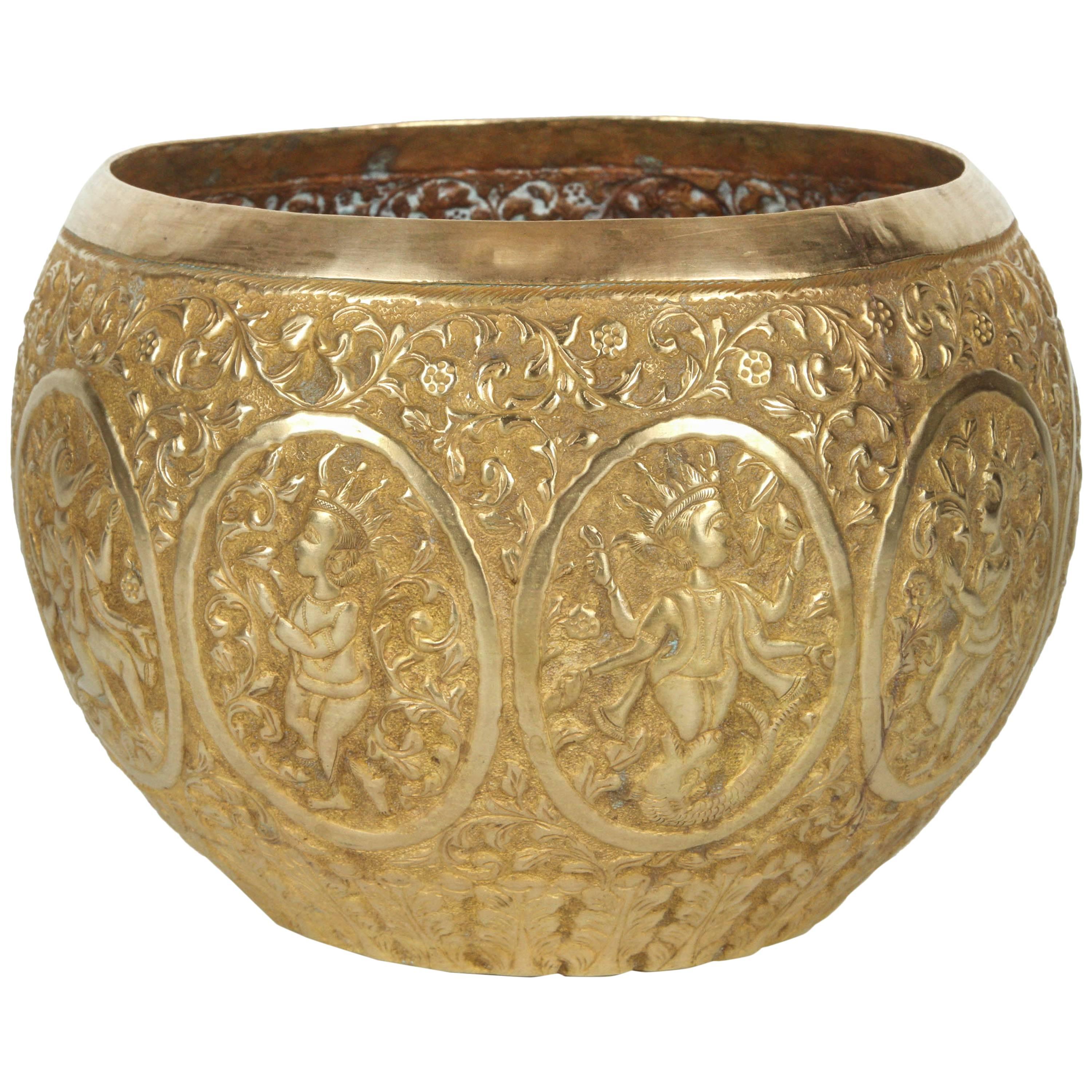 Polished Indo-Persian Brass Hand-Etched Jardiniere