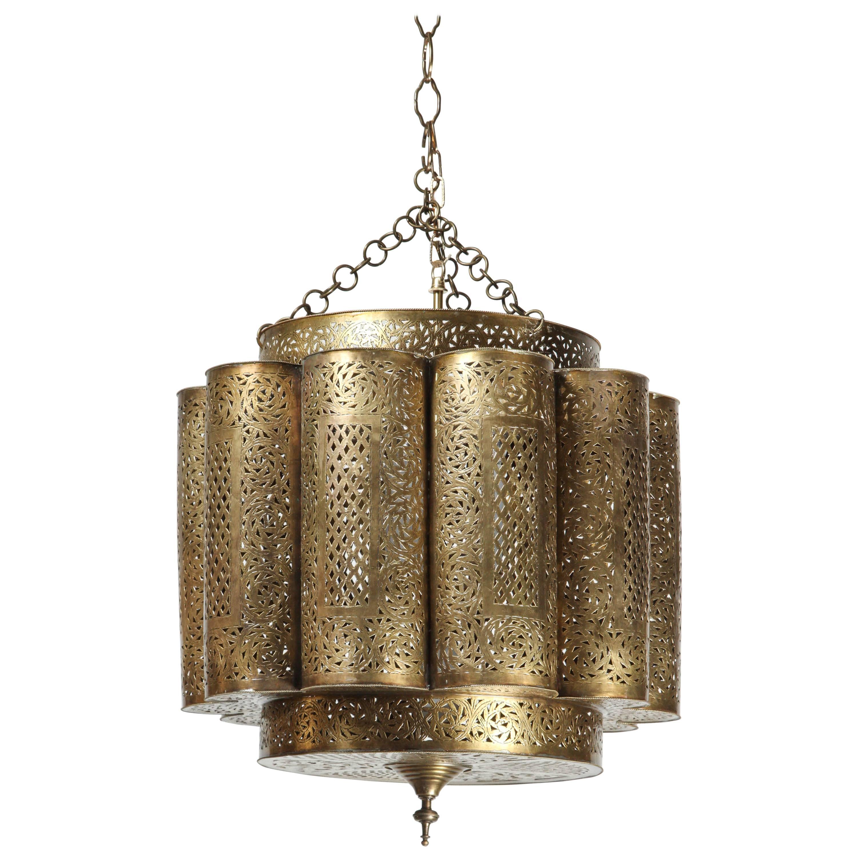 Large Pair of Pierced Brass Moroccan Chandelier in Alberto Pinto Style 