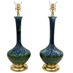 Retro Blue and Green Glazed Table Lamps with Gilt Base