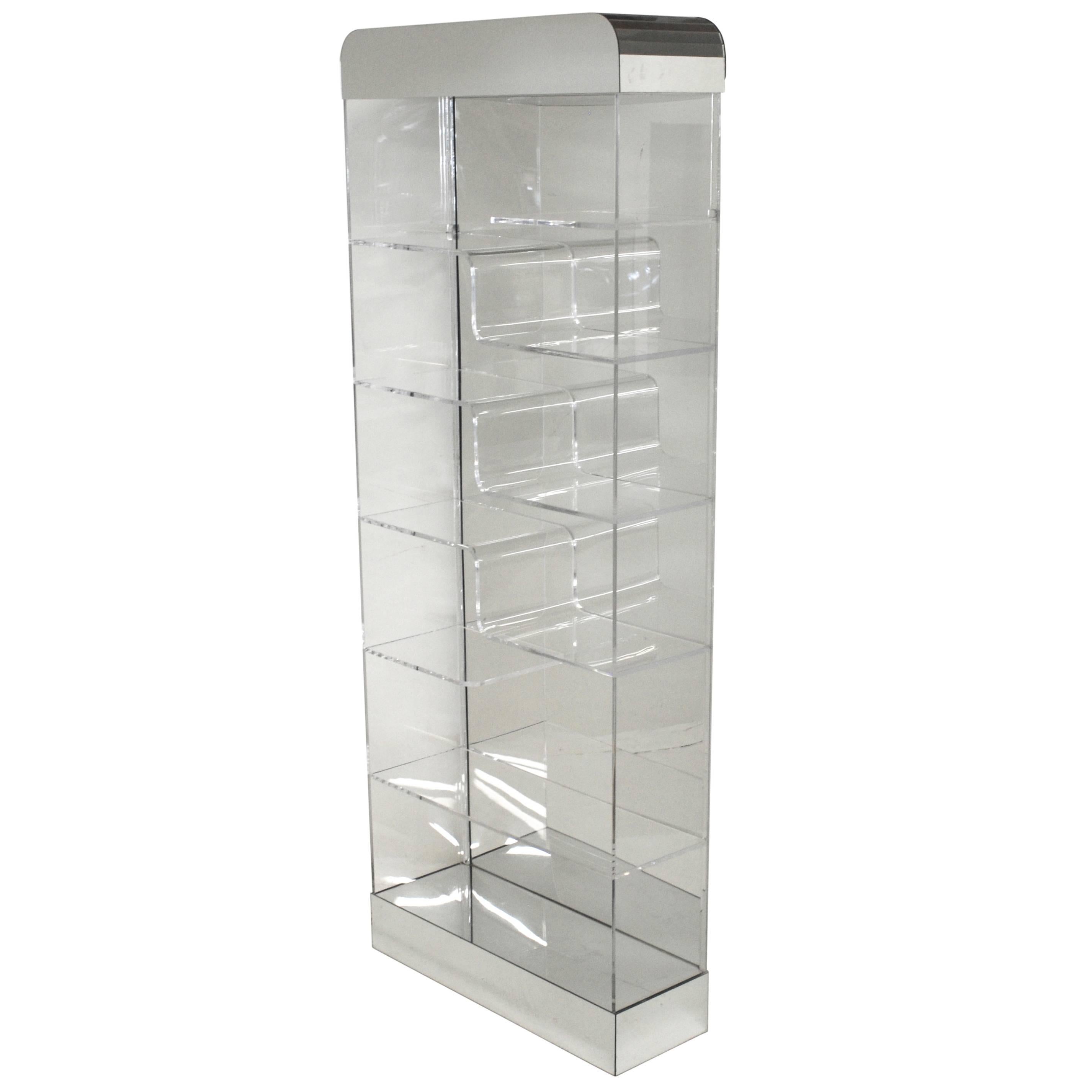  Tall Lucite and Mirror Lighted Shelving Vitrine