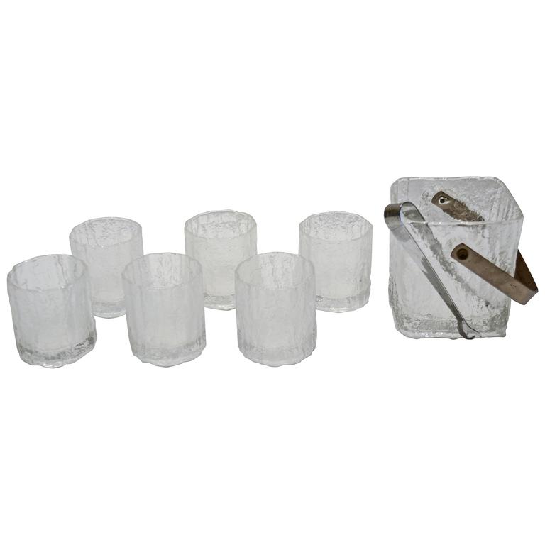 Vintage Hoya Barware Set with Ice Bucket, Six Glasses, and Pair of Ice