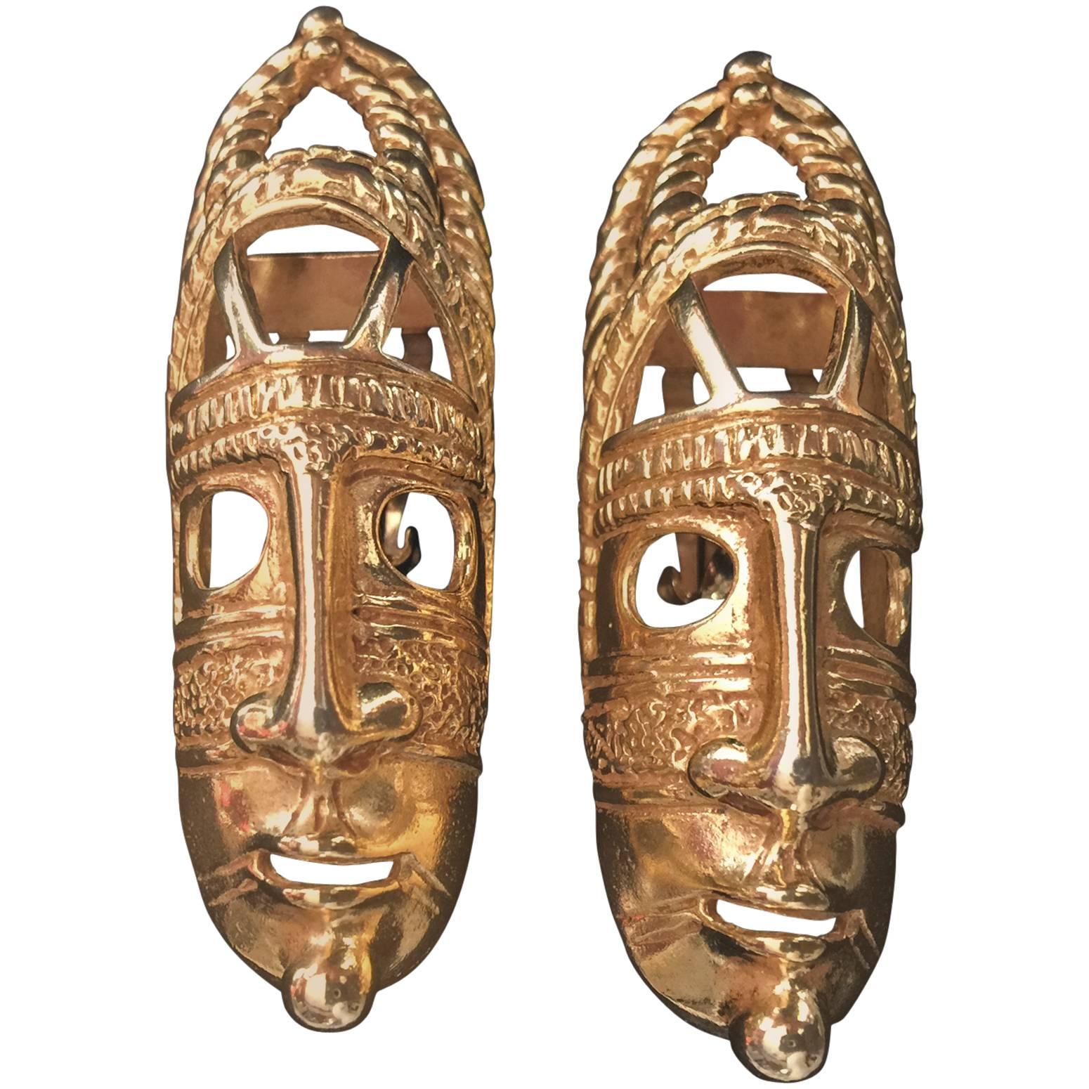 Pair of Dominique Aurientis Tribal Mask Goldtone Earrings, circa 1980, France For Sale