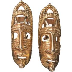 Vintage Pair of Dominique Aurientis Tribal Mask Goldtone Earrings, circa 1980, France