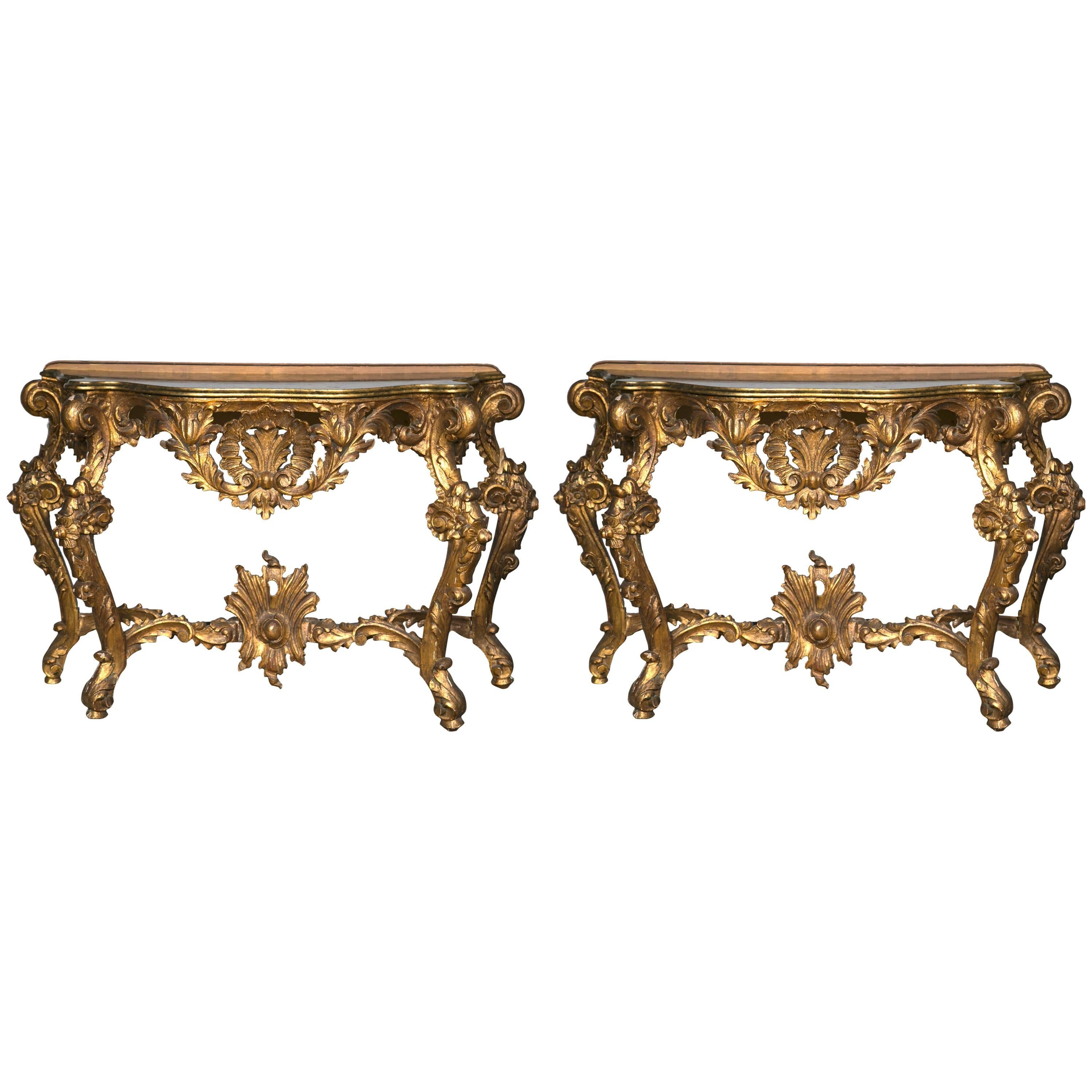 Pair of Italian Giltwood Consoles with Faux Marble Tops Exquisite Detail 