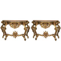 Pair of Italian Giltwood Consoles with Faux Marble Tops Exquisite Detail