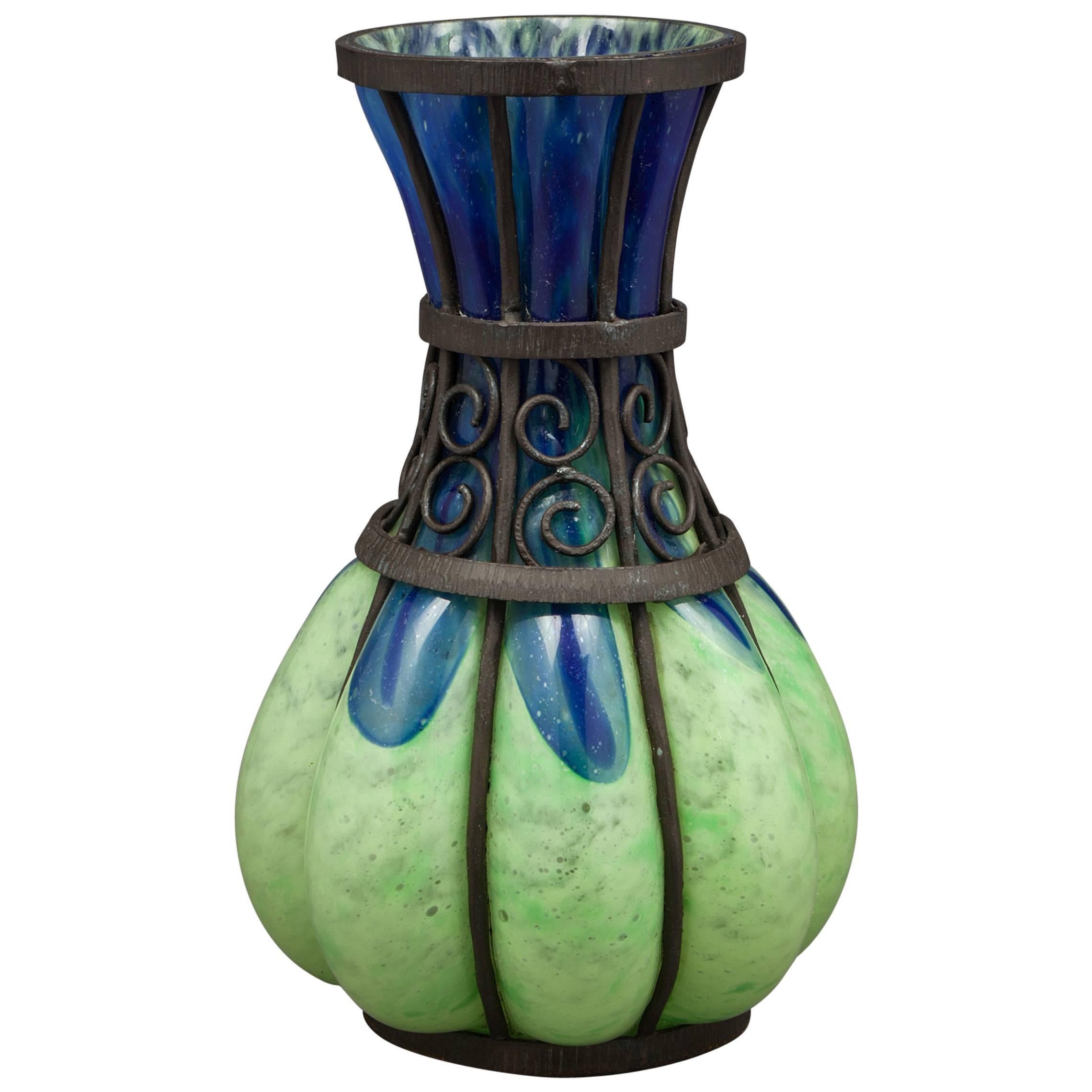 Iron Mounted Degue Glass Vase, circa 1900 For Sale