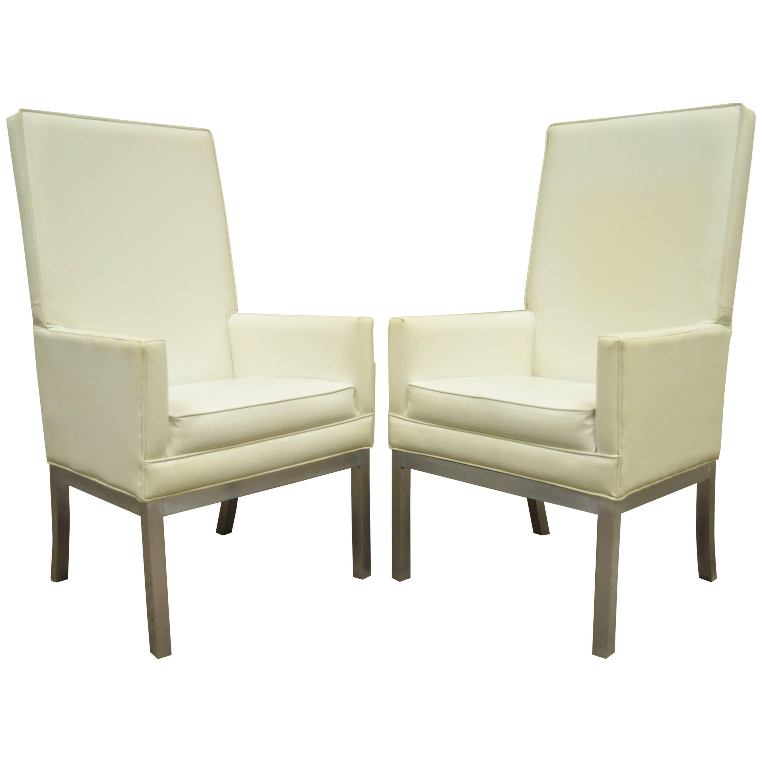Pair of Mid Century Modern Brushed Aluminum Parsons Style Tall Back Armchairs For Sale