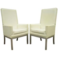 Vintage Pair of Mid Century Modern Brushed Aluminum Parsons Style Tall Back Armchairs