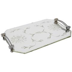 1930s French Etched Mirrored Tray with Chrome Handles