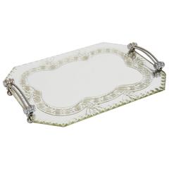 Vintage 1930s French Ornate, Etched Mirrored Tray with Chrome Handles