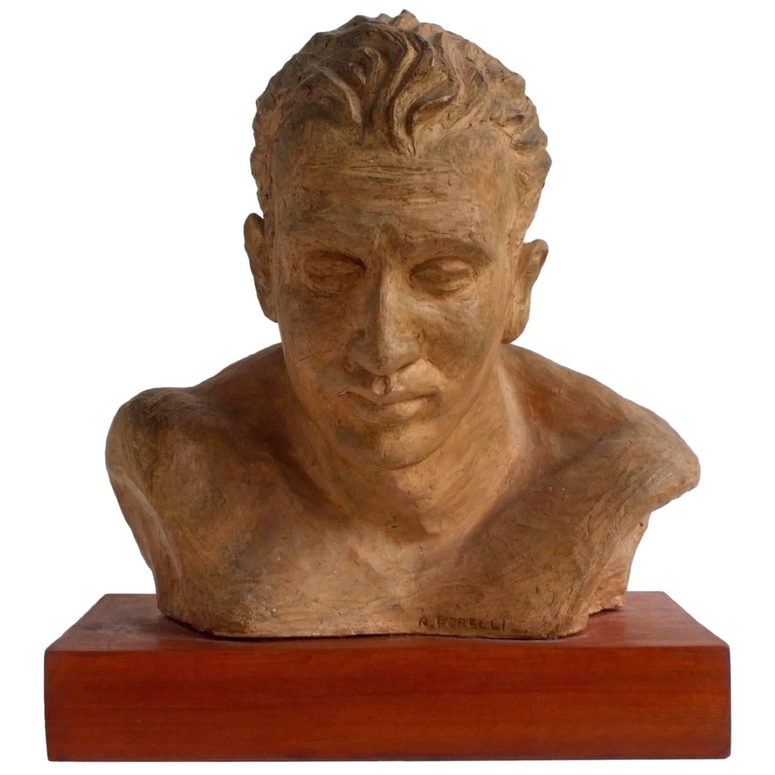 A. Pirelli, Athlete's Clay Bust Sculpture, 1950s, Signed
