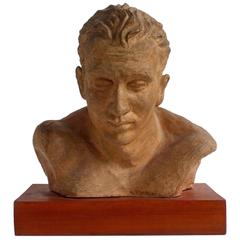 A. Pirelli, Athlete's Clay Bust Sculpture, 1950s, Signed