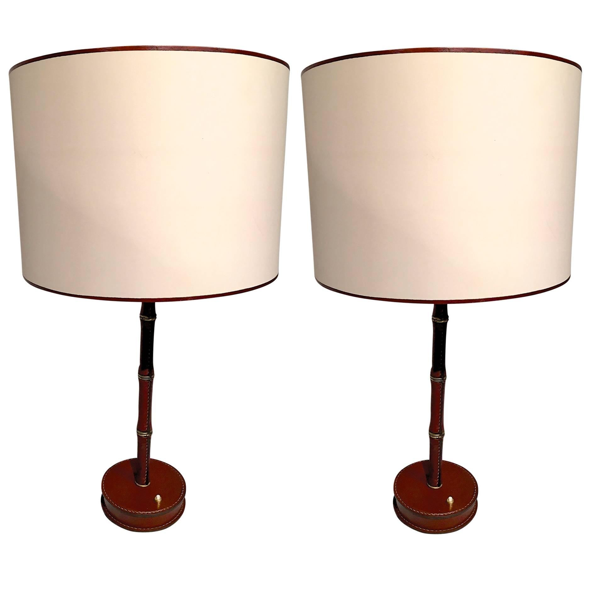 Jacques Adnet Hand-Stitched Leather Pair of Lamps in Red Hermès Color For Sale