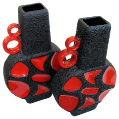 Pair of West German Roth Keramik Art Pottery 'Fat Lava" Urns with Red Glaze 8