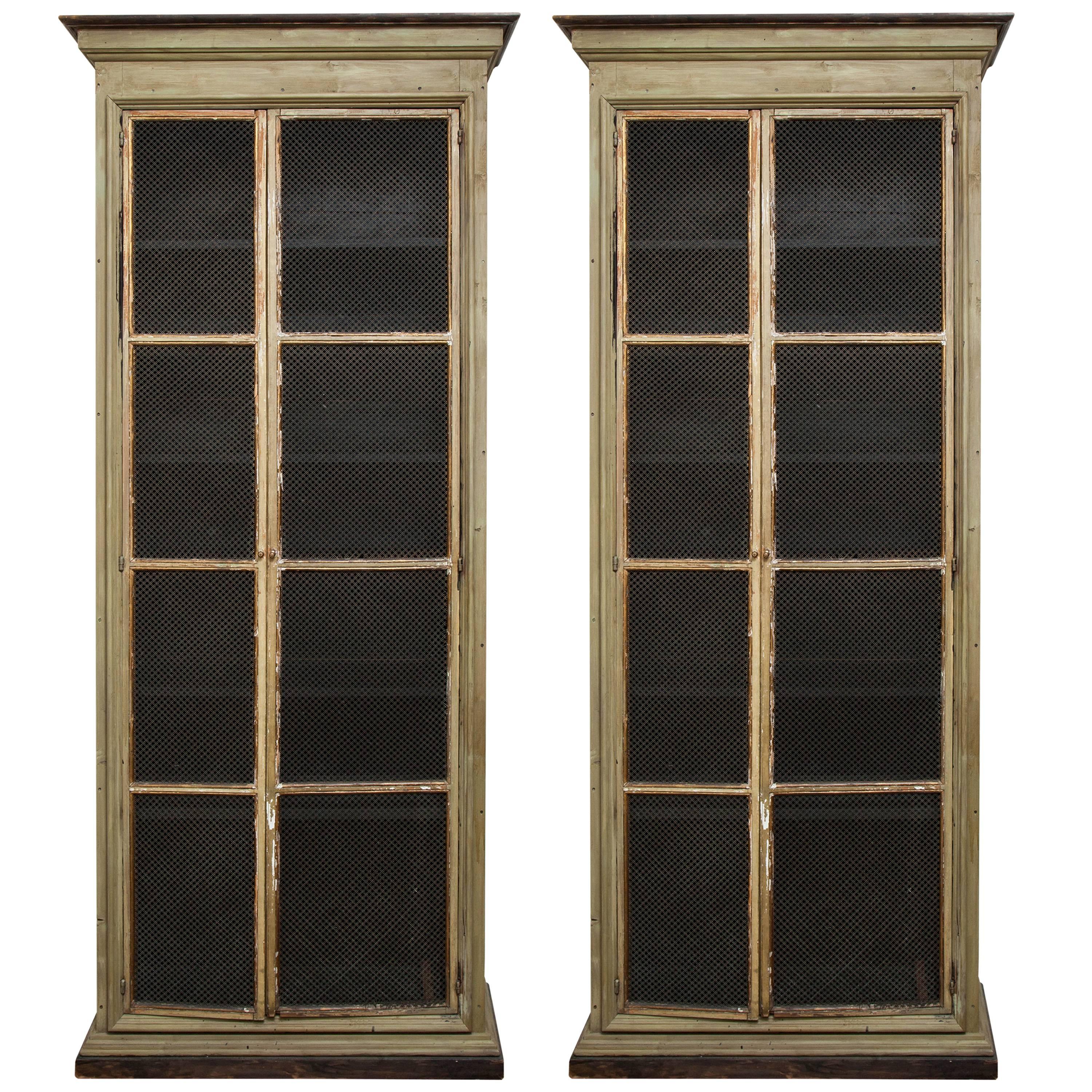 Pair of Painted Bookcases with Inset Metal Grilles