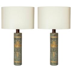 Pair of Mid-Century Tribal Stoneware Lamps in the Style of James Mont