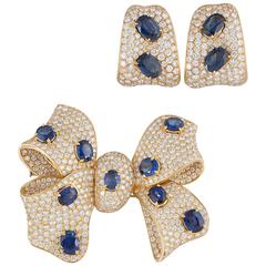Vintage Tabbah Pair of Yellow Gold Ear Clips and Brooch Set with Diamonds and Sapphires