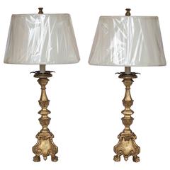 Pair of 18th Century Italian Giltwood Candlesticks Turned into Lamps