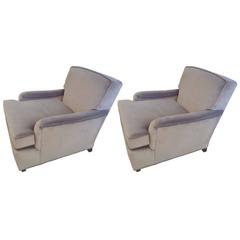 Pair of Luxurious Large Grey Velvet Club Lounge Chairs