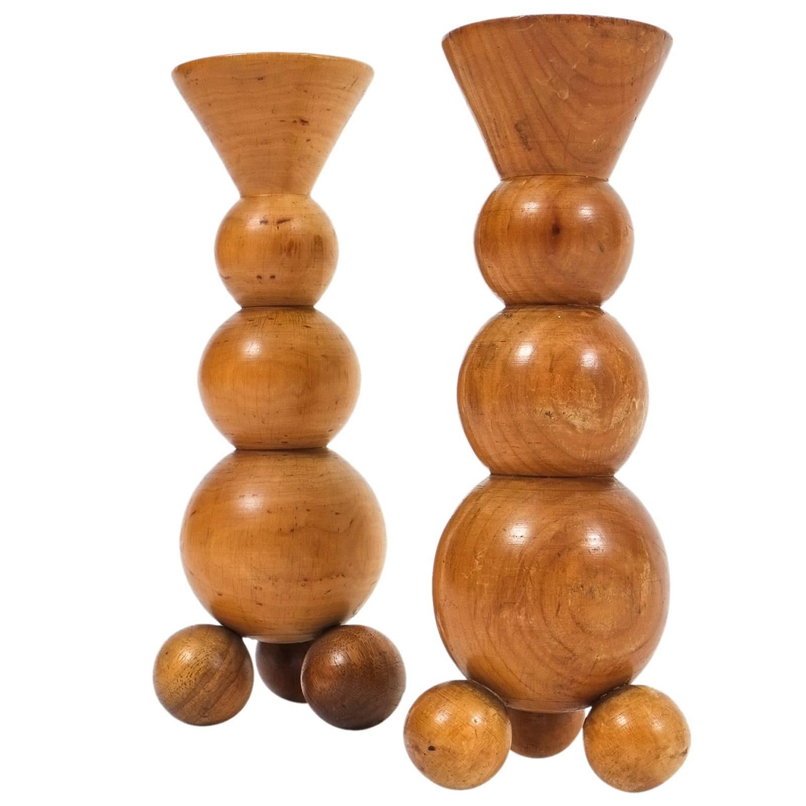 Pair of Art Deco Candlesticks Made from Wood