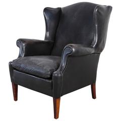 Black Leather Curved Arm Wing Back Club Chair