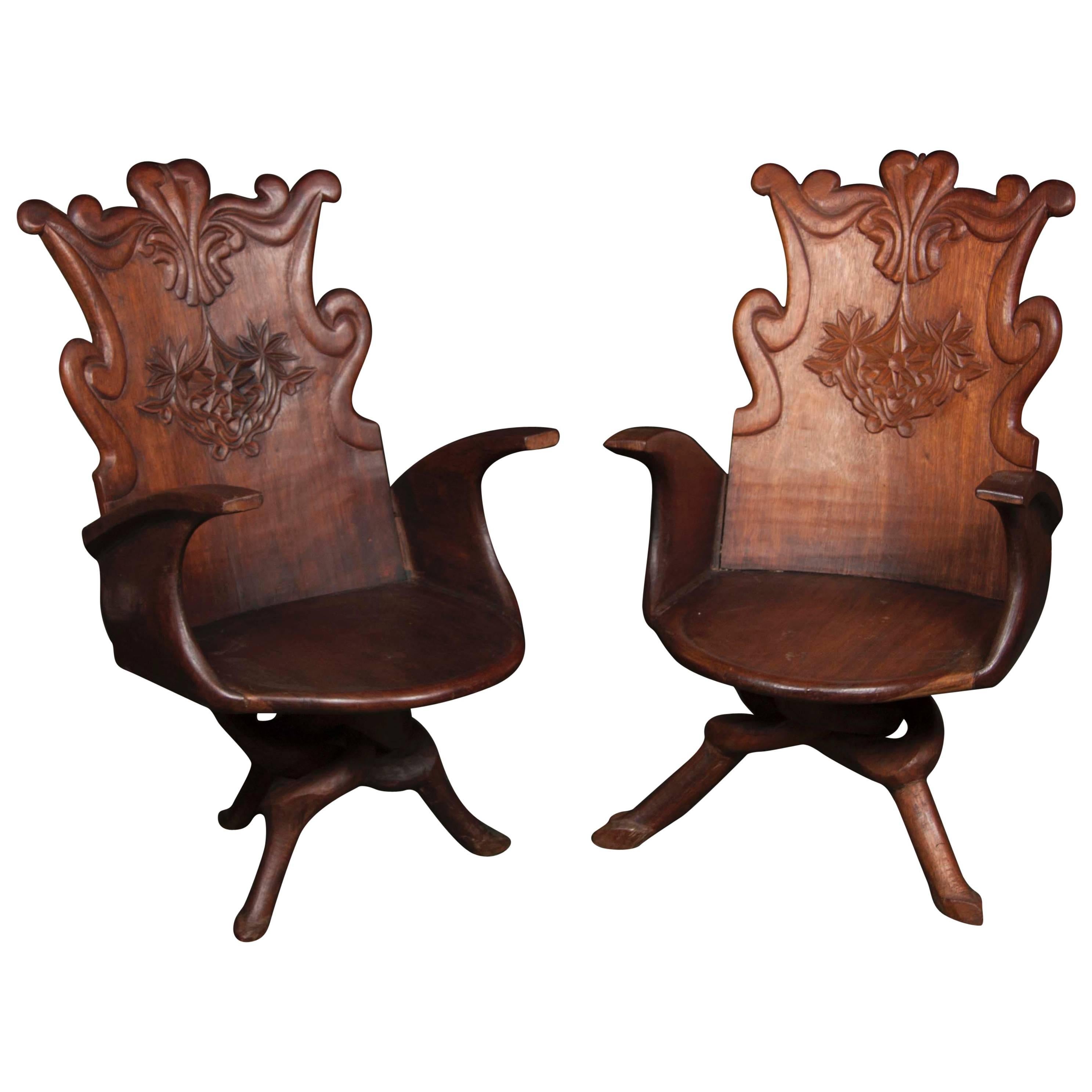 Pair of 19th Century Art Nouveau Gaudi Style Spanish Armchairs