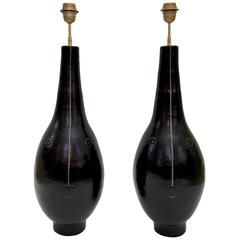 Large Pair of Ceramic Lamp Bases Glazed in Black 11