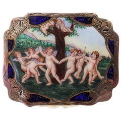 Silver Enamel Box Scrolled with Gilt Interior and Mirror on the Inside Cover