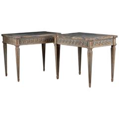French Pair of Gray Painted Wood Side Tables with Greek Key Motif