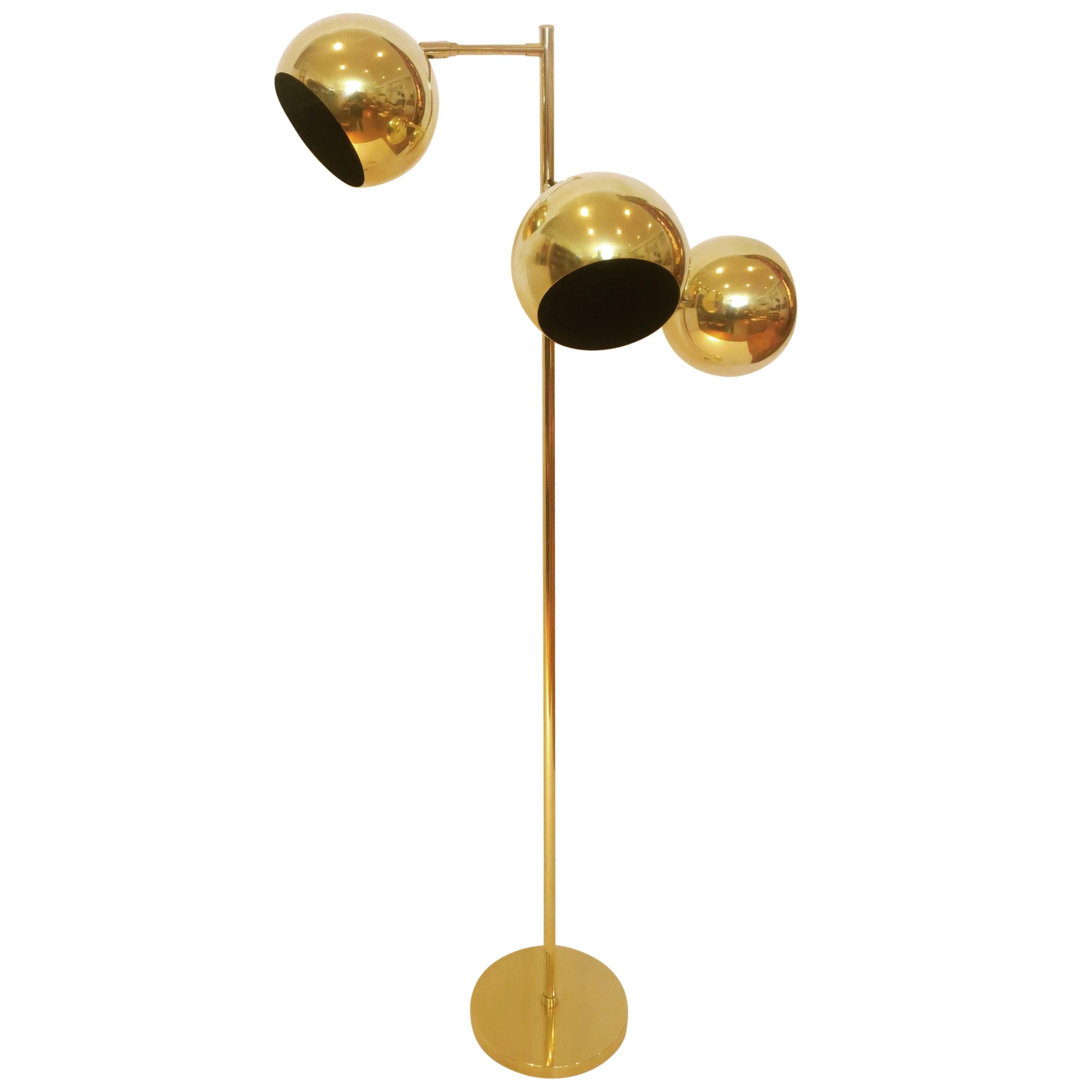1970s Koch & Lowy Polished Brass Three-Tier Multidirectional Orb Floor Lamp