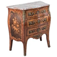 19th Century French Louis XV Style Marquetry Bombe Chest with Ormolu and Marble