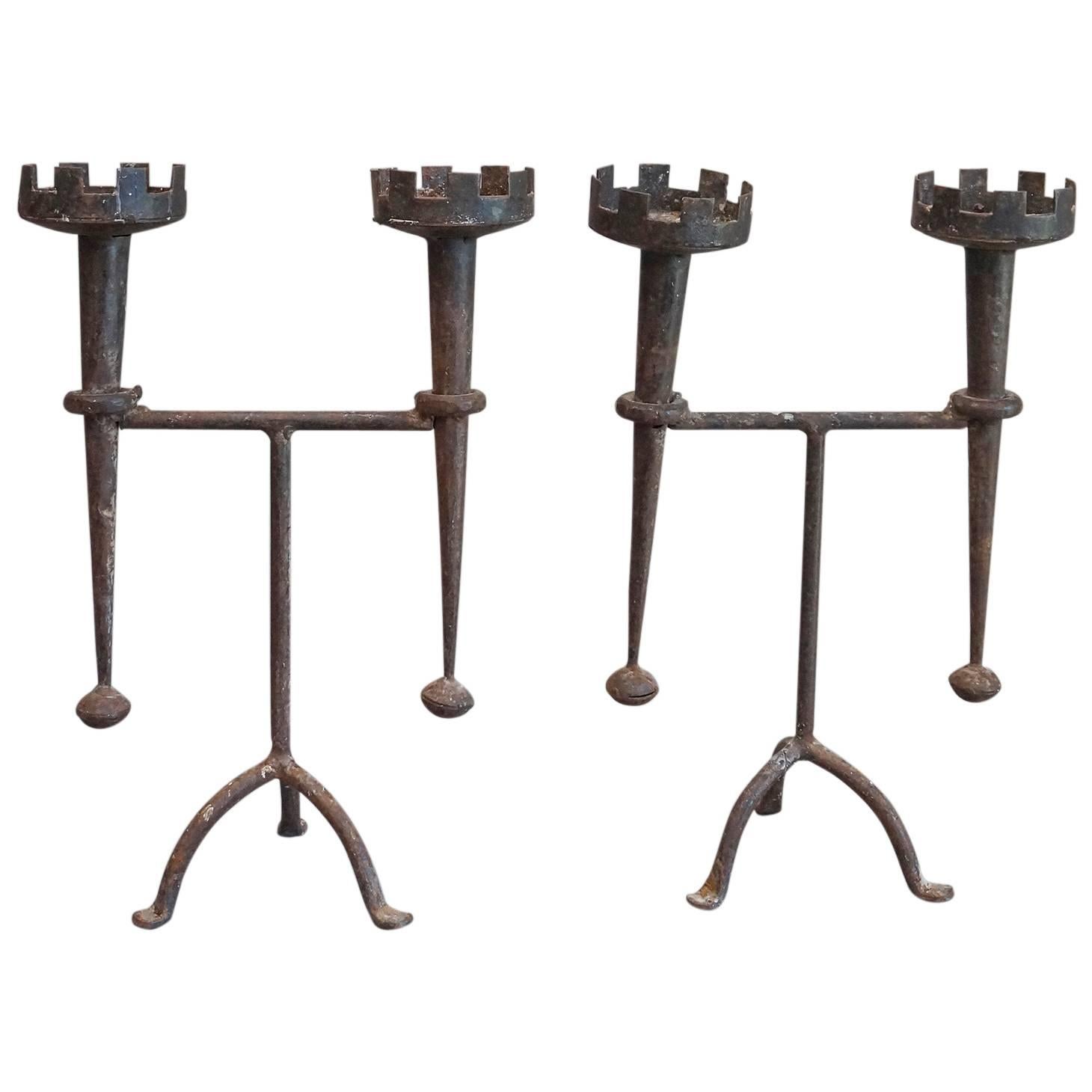 Pair of Renaissance Style Iron Candleholders For Sale
