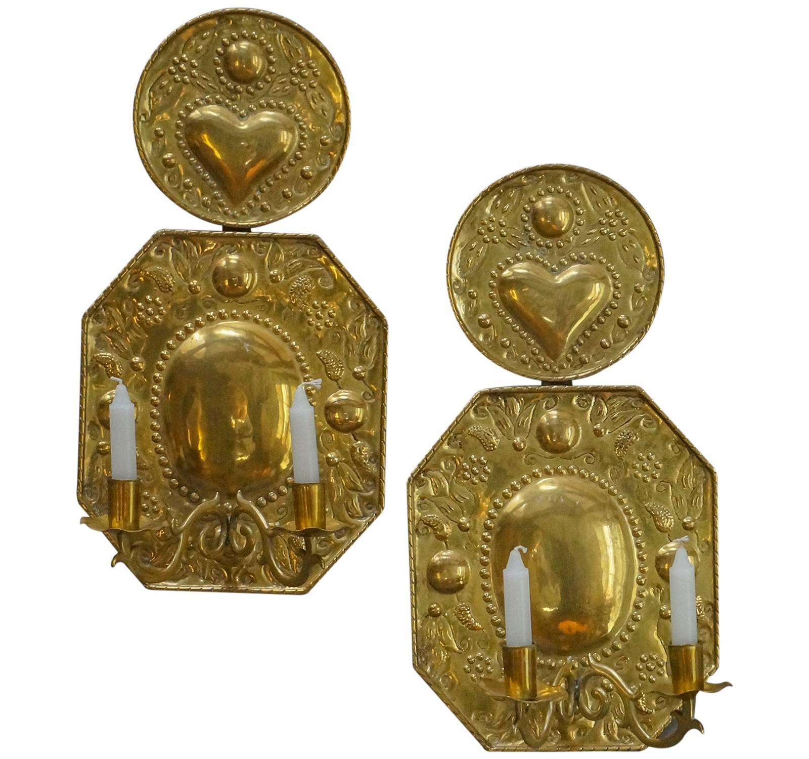 Pair of Hand-Hammered Brass Sconces For Sale