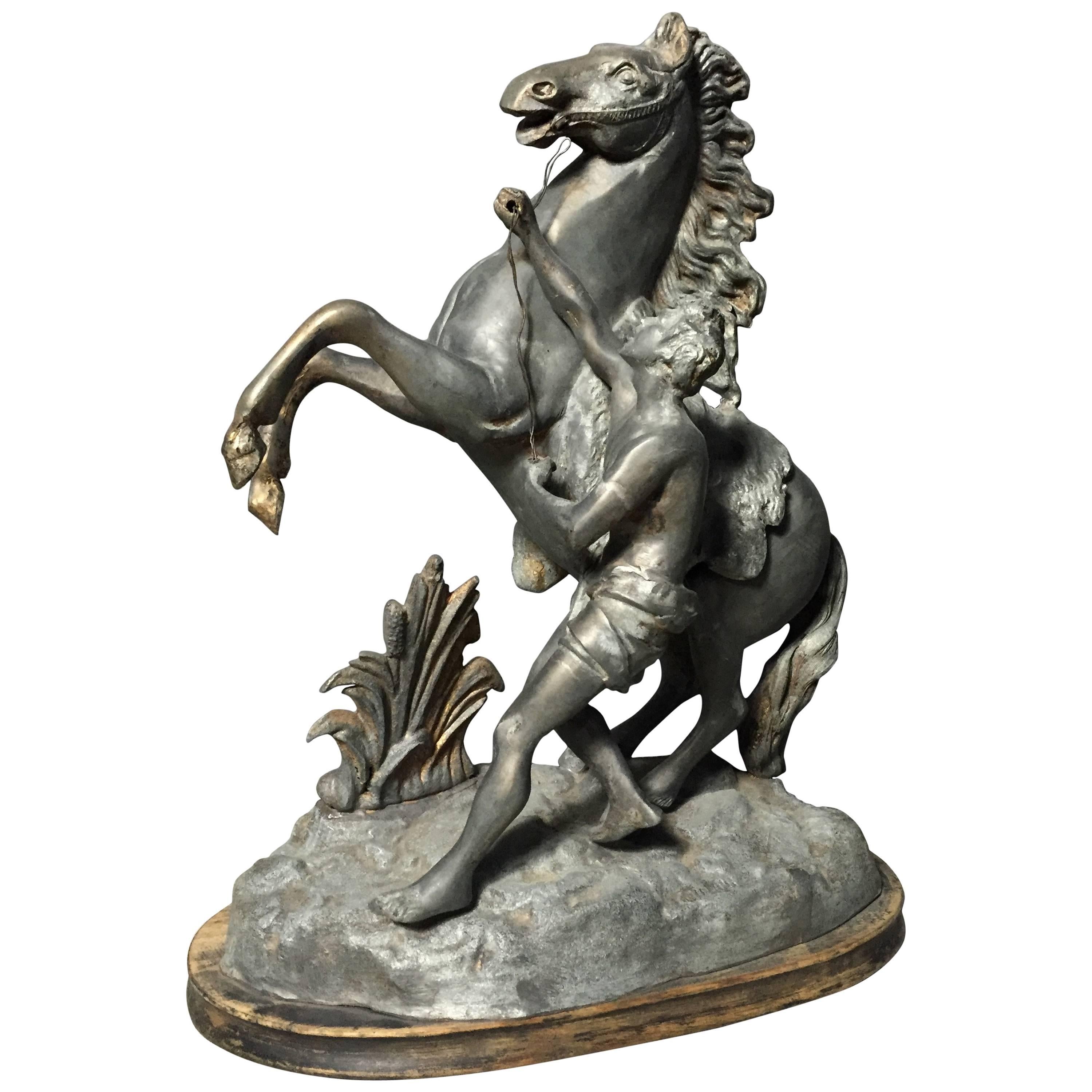 "Horse Tamer" Sculpture in Spelter Metal after Chevaux de Marly