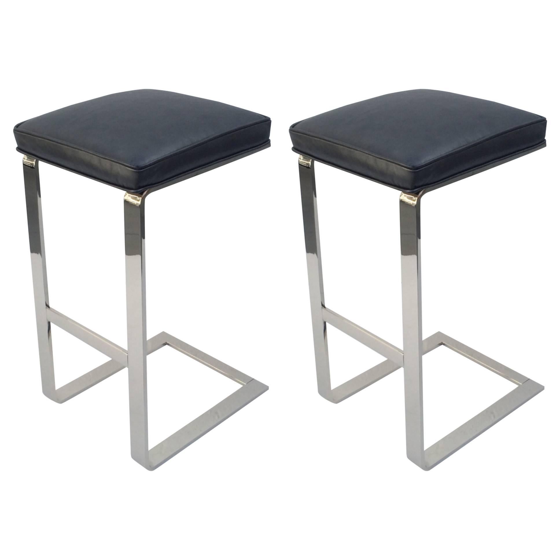 Pair of Nickel and Leather Barstools by Milo Baughman