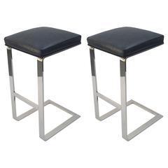 Pair of Nickel and Leather Barstools by Milo Baughman