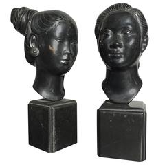 Pair of Bronze Vietnamese Geisha Head Sculptures on Wood Base, Mid-Century