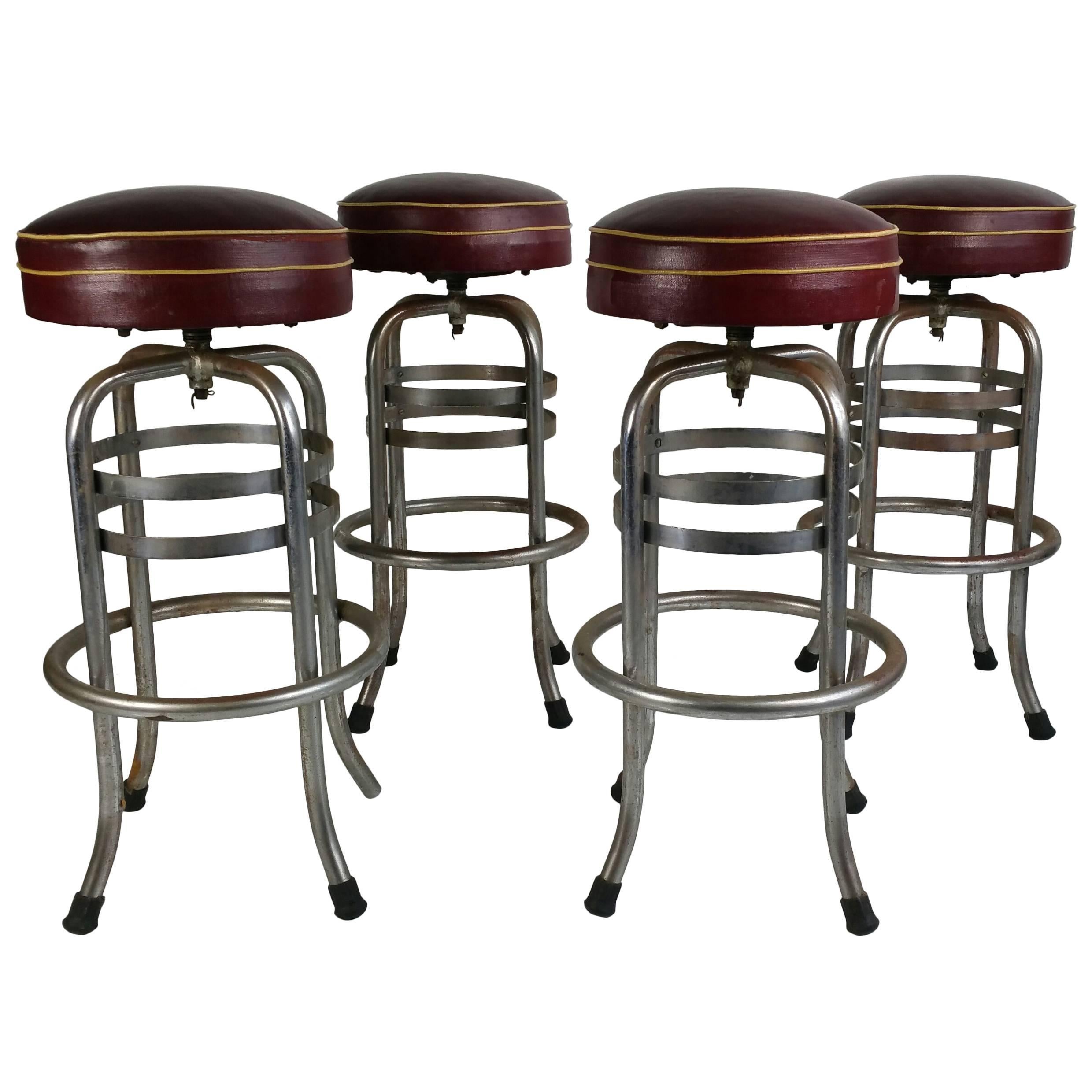 Rare Art Deco Chrome and Oil Cloth Bar Stools, Helena Rubinstein