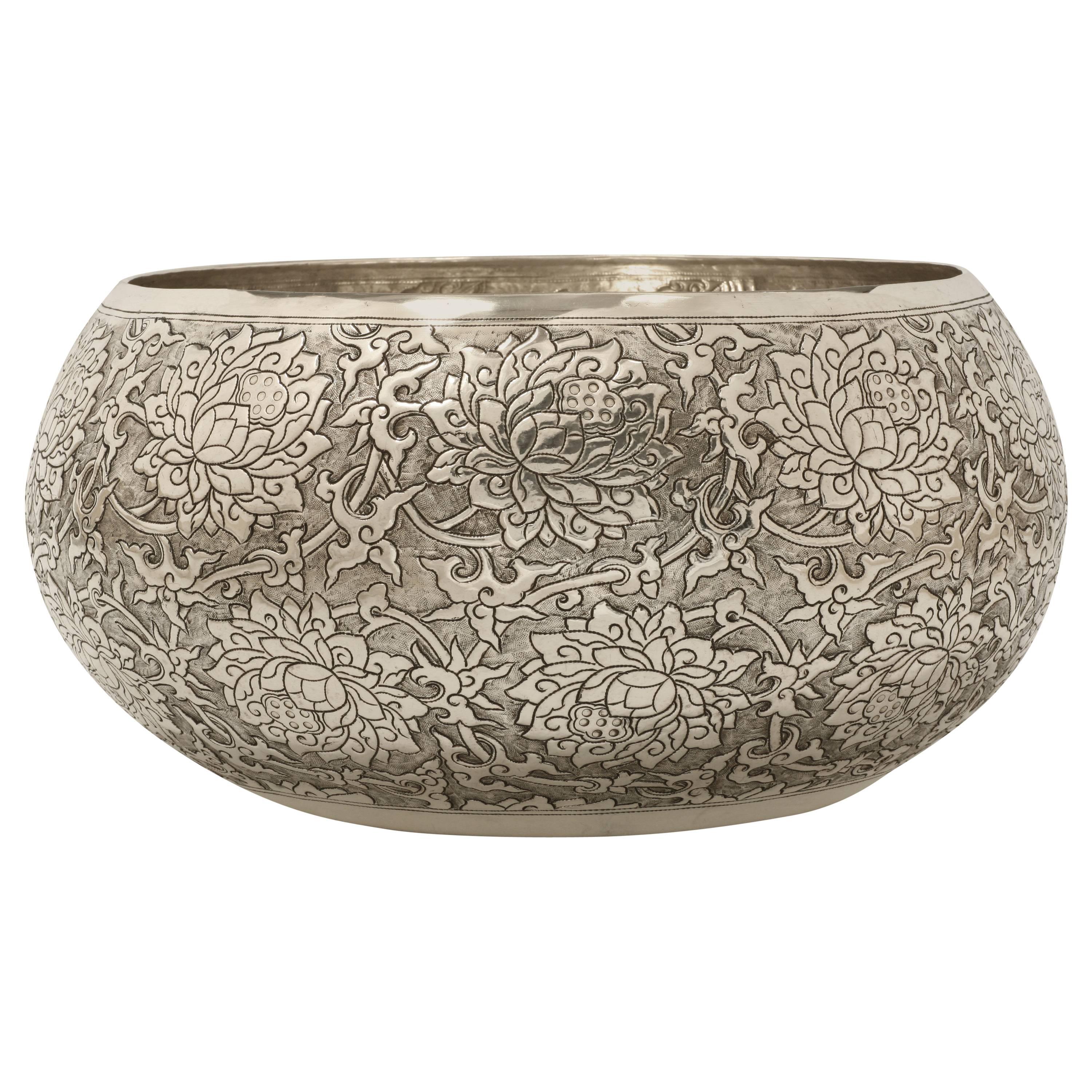 Large Hand-Worked Solid Silver Bowl, Chinoiserie Scrolling Lotus, Centrepiece