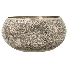 Large Hand-Worked Solid Silver Bowl, Scrolling Lotus Motif, Centerpiece 1