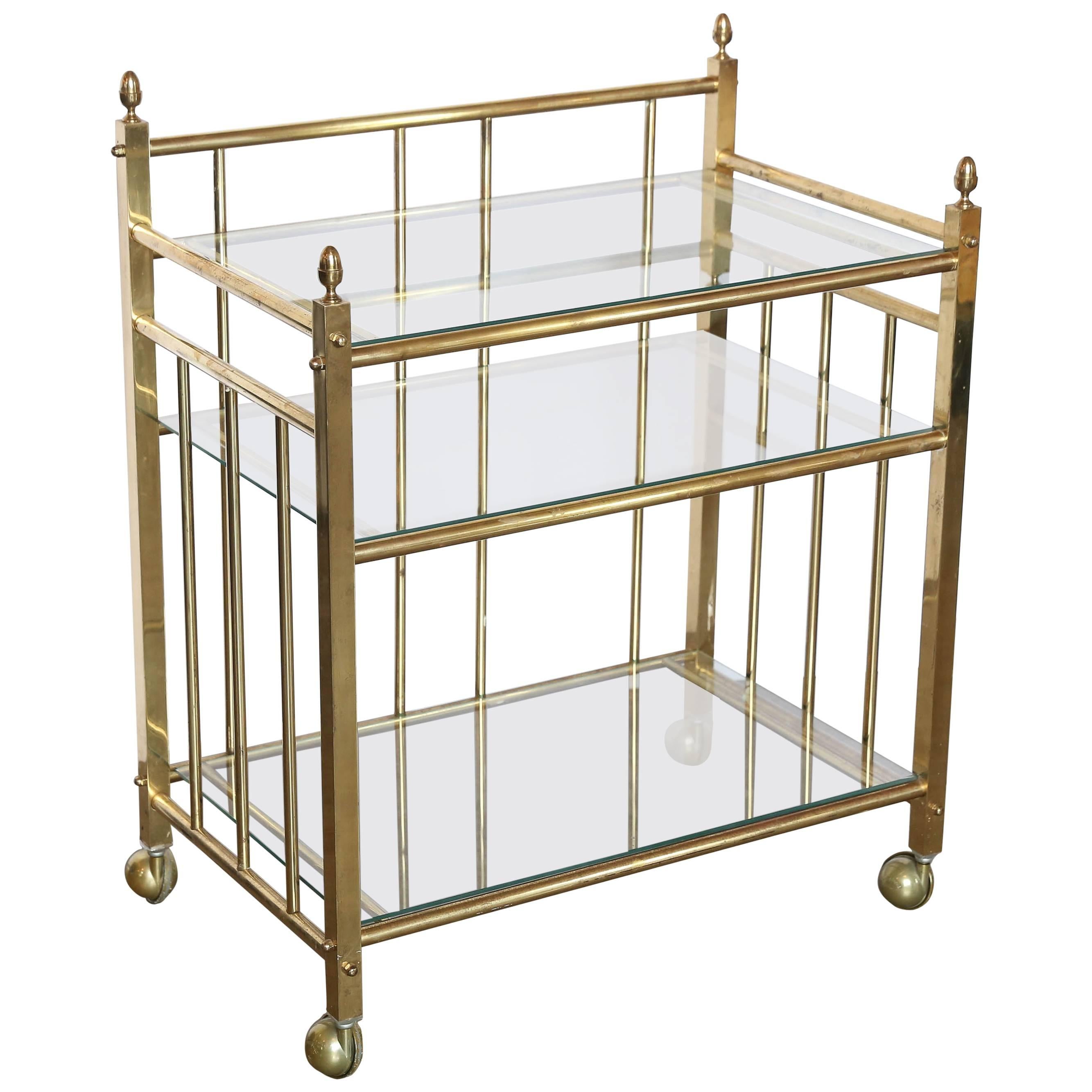 Regency Style Three-Tier Brass and Glass Bar Cart, Tea Trolley &/or Service Cart