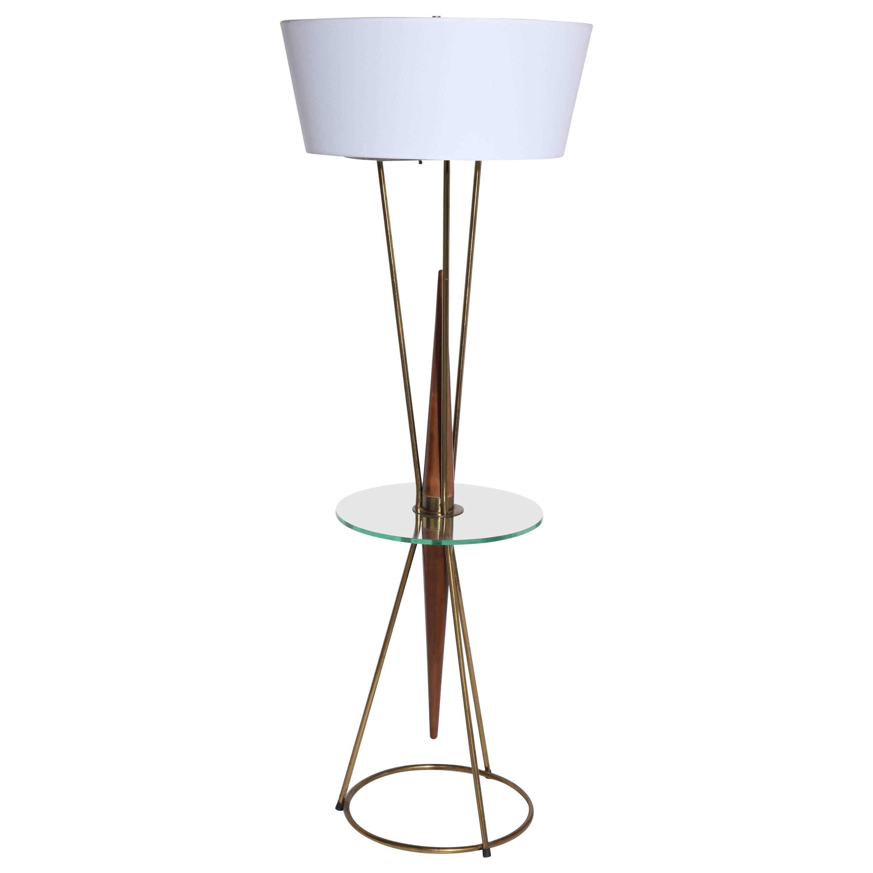 Gerald Thurston, Lightolier Style Walnut, Brass & Glass Side Table Floor Lamp For Sale