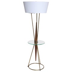 Vintage Gerald Thurston, Lightolier Style Walnut, Brass & Glass Side Table Floor Lamp