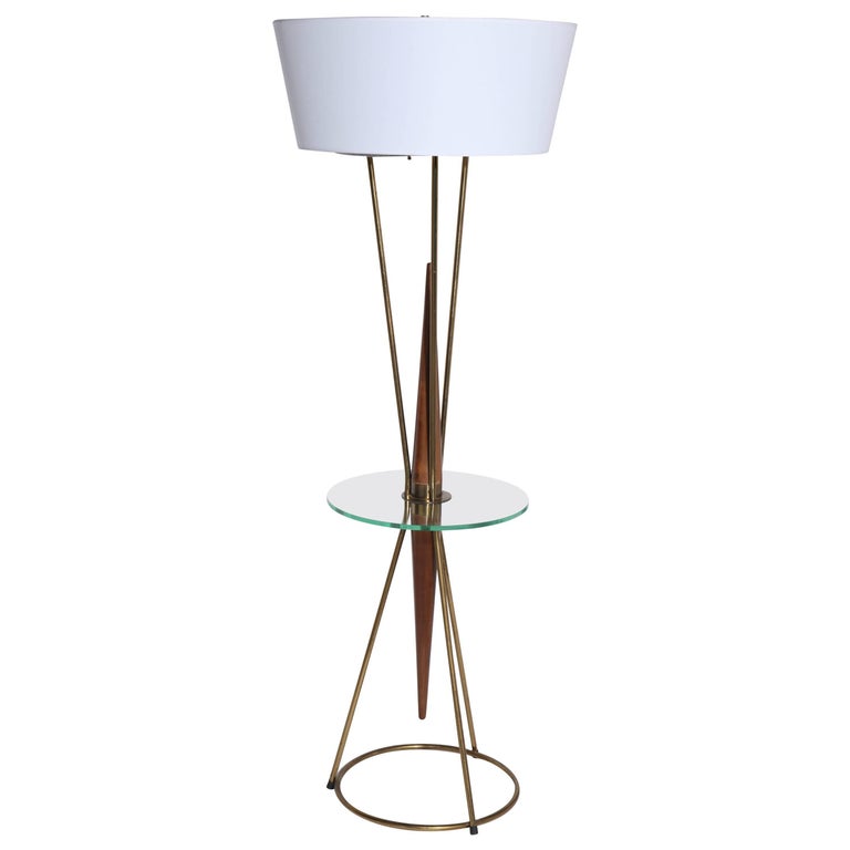 Gerald Thurston, Lightolier Style Walnut, Brass and Glass Side Table