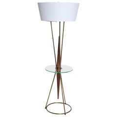 Gerald Thurston for Lightolier Walnut and Brass Floor Lamp with Glass Side Table 5