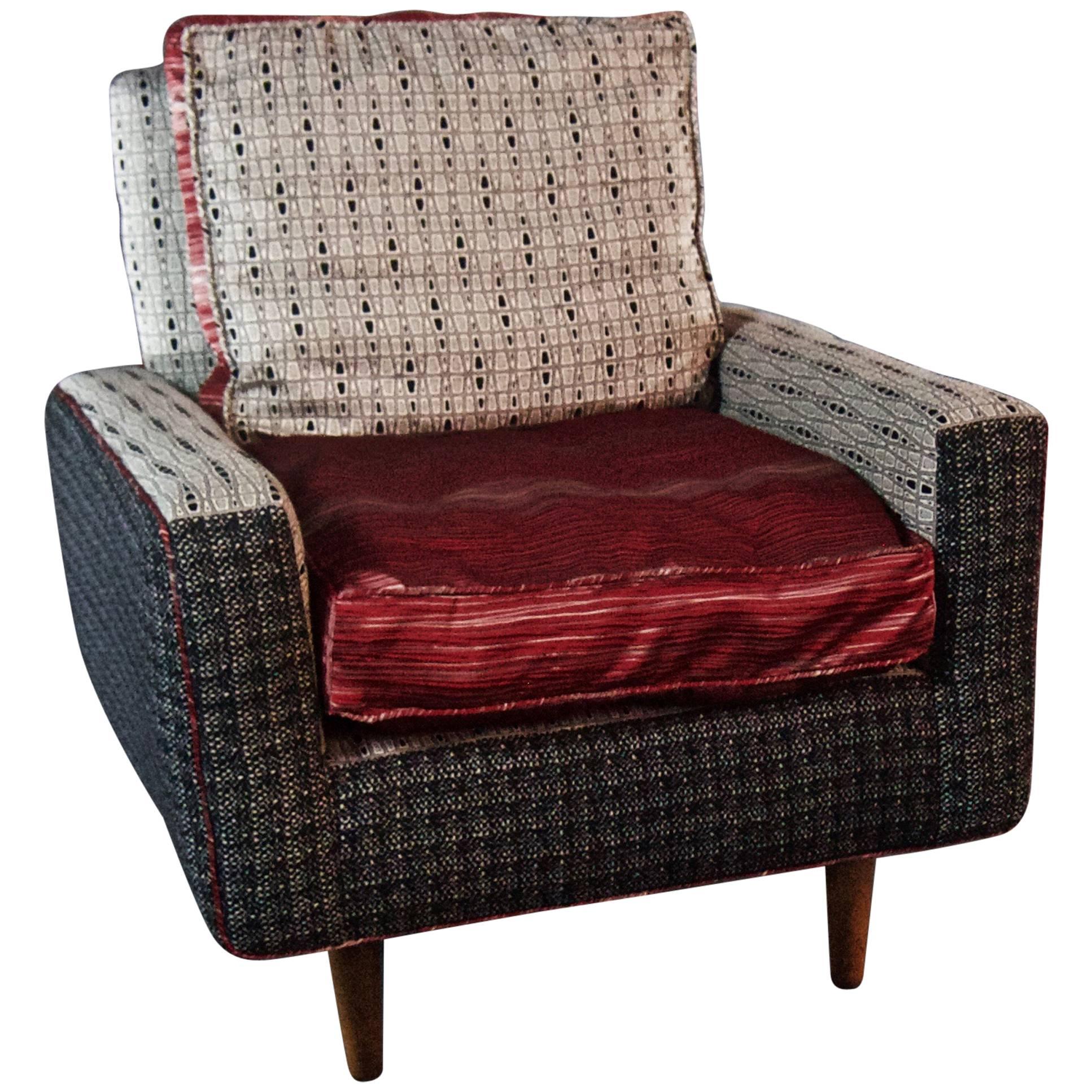 Mid-Century Knoll Armchair in Gray Wool with Red Satin Seat--in stock