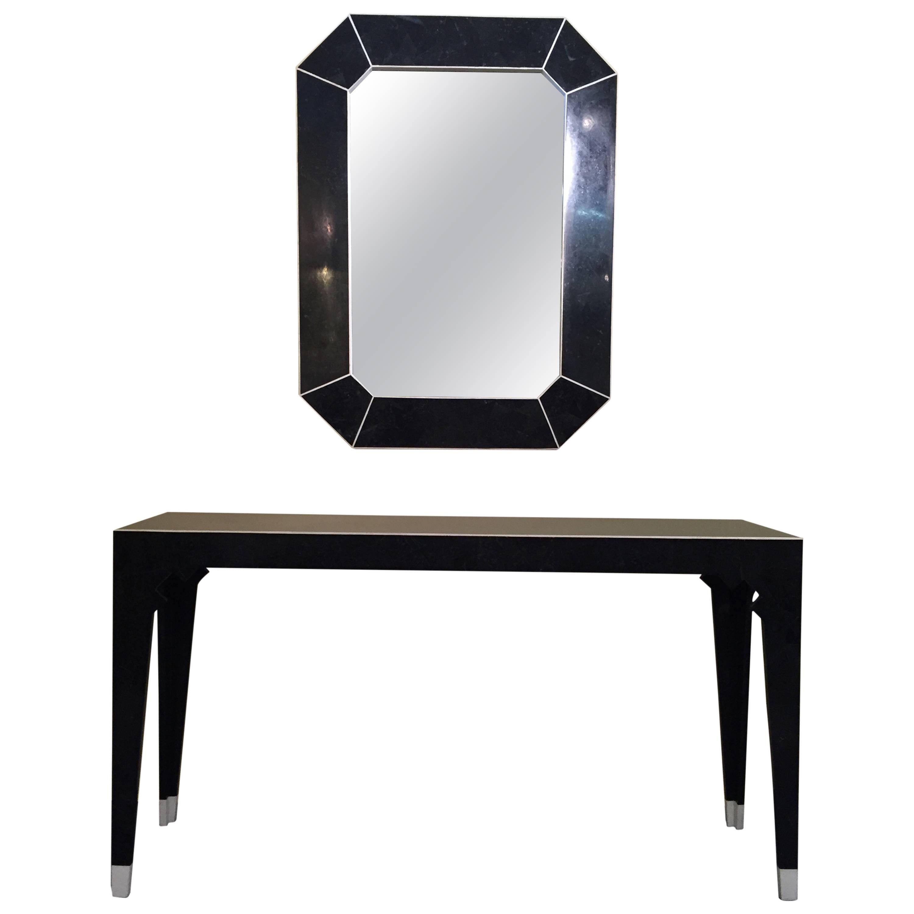 Marcius Style Black and White Fossil Stone Console with Matching Mirror For Sale